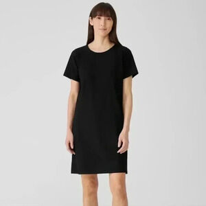 Eileen Fisher Washable Stretch Crepe Jewel Neck Dress Size S Black